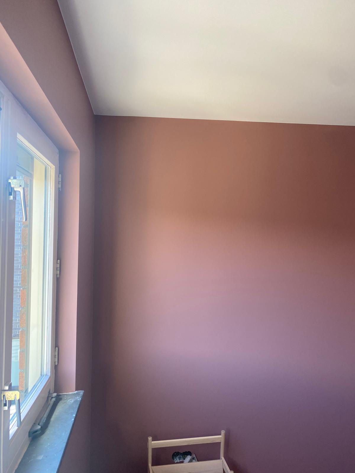 Kamer met warme terracottakleurige muur en wit plafond