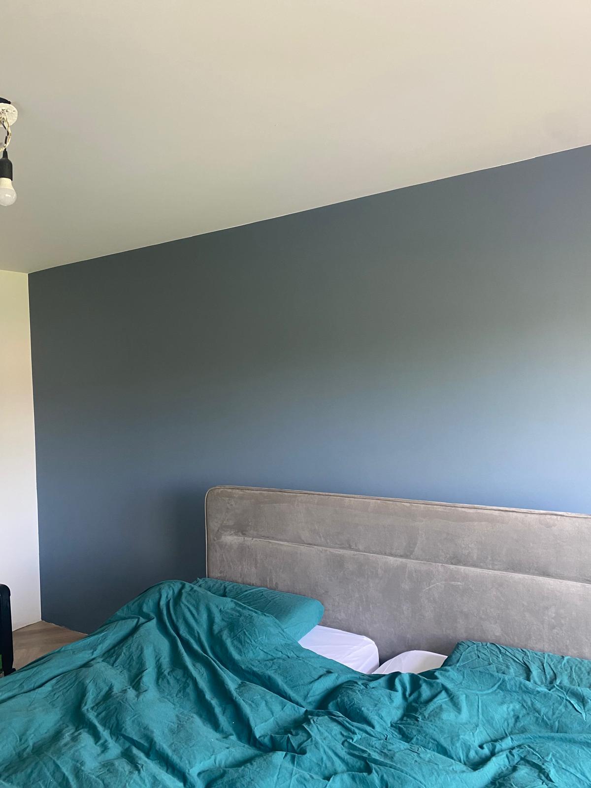 Slaapkamer met diepblauwe accentwand en houten visgraatvloer